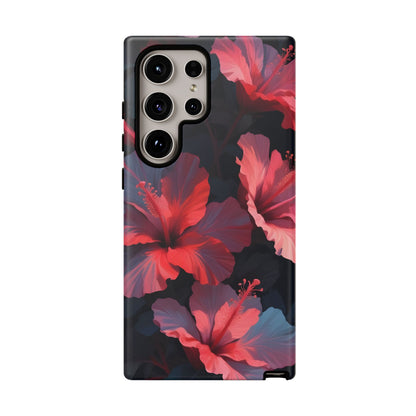 Vibrant red and pink hibiscus flowers blooming against a dark background| Floral phone case design