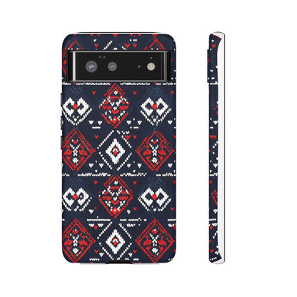 Knitted Pattern With Diamonds And Festive Motifs On Navy phone case design.
