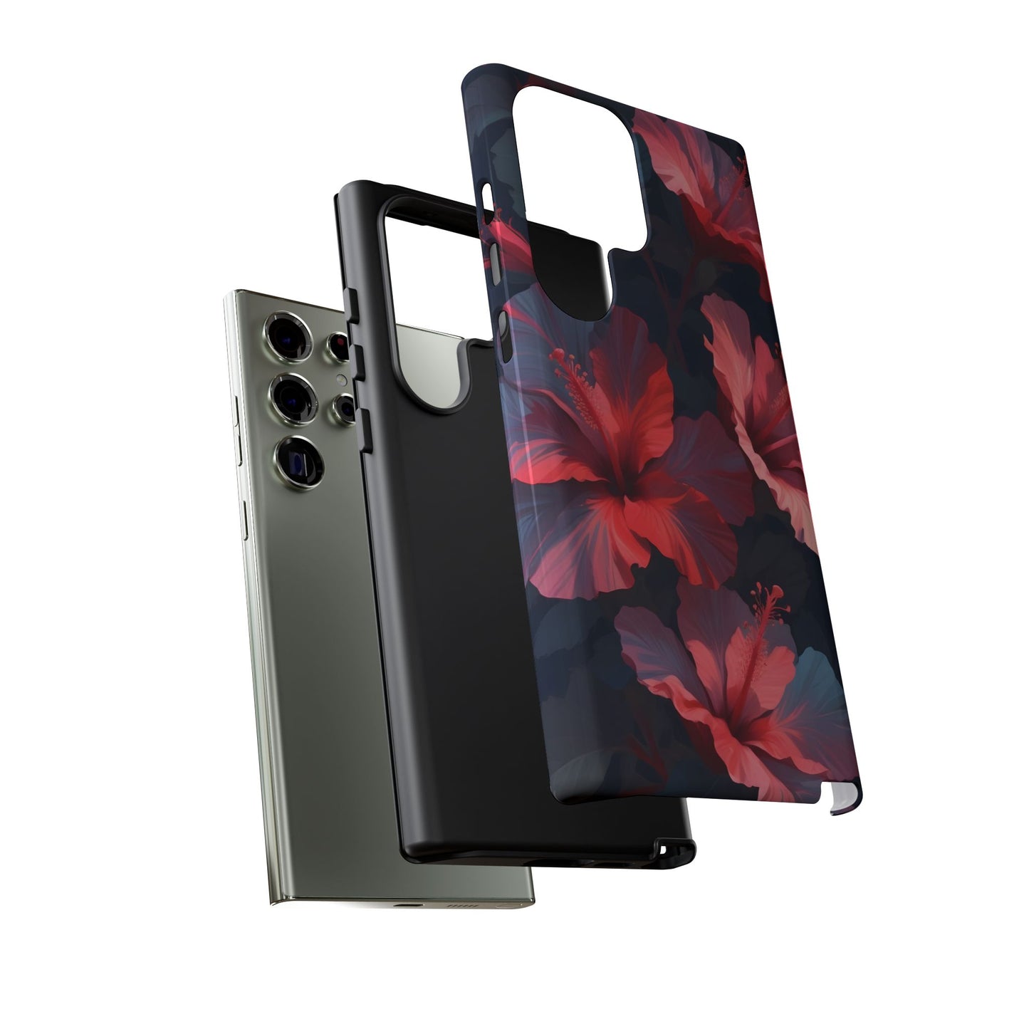 Vibrant red and pink hibiscus flowers blooming against a dark background| Floral phone case design