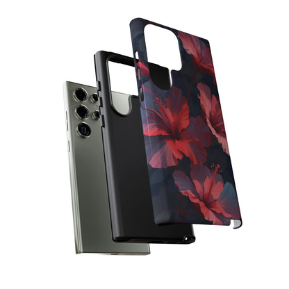 Vibrant red and pink hibiscus flowers blooming against a dark background| Floral phone case design