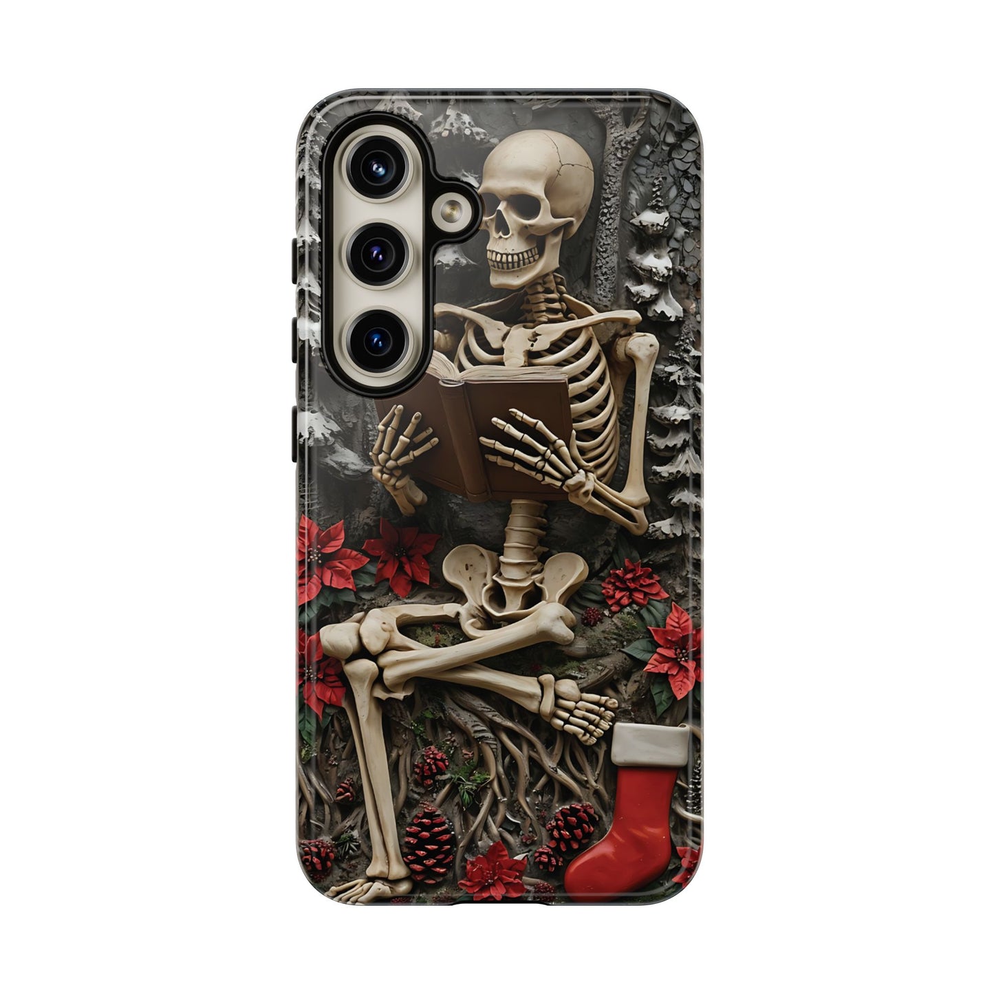 Surreal Relief Sculpture of Skeleton Reading Amidst Festive Decor phone case design