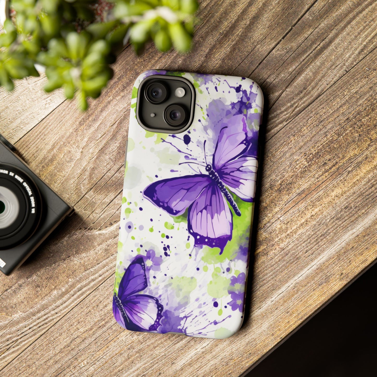 Vibrant Purple Butterfly Splash Mobile Cover – Artistic Green & Violet Aesthetic