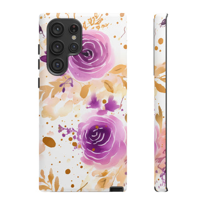 Purple Bloom Watercolor Mobile Case – Artistic Elegance in Gold & Lilac