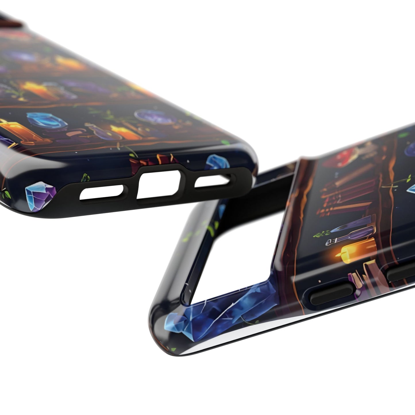 Fantasy Seamless Pattern Of Wooden Shelves Filled With Mystical Items phone case design.