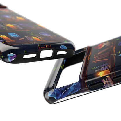 Fantasy Seamless Pattern Of Wooden Shelves Filled With Mystical Items phone case design.
