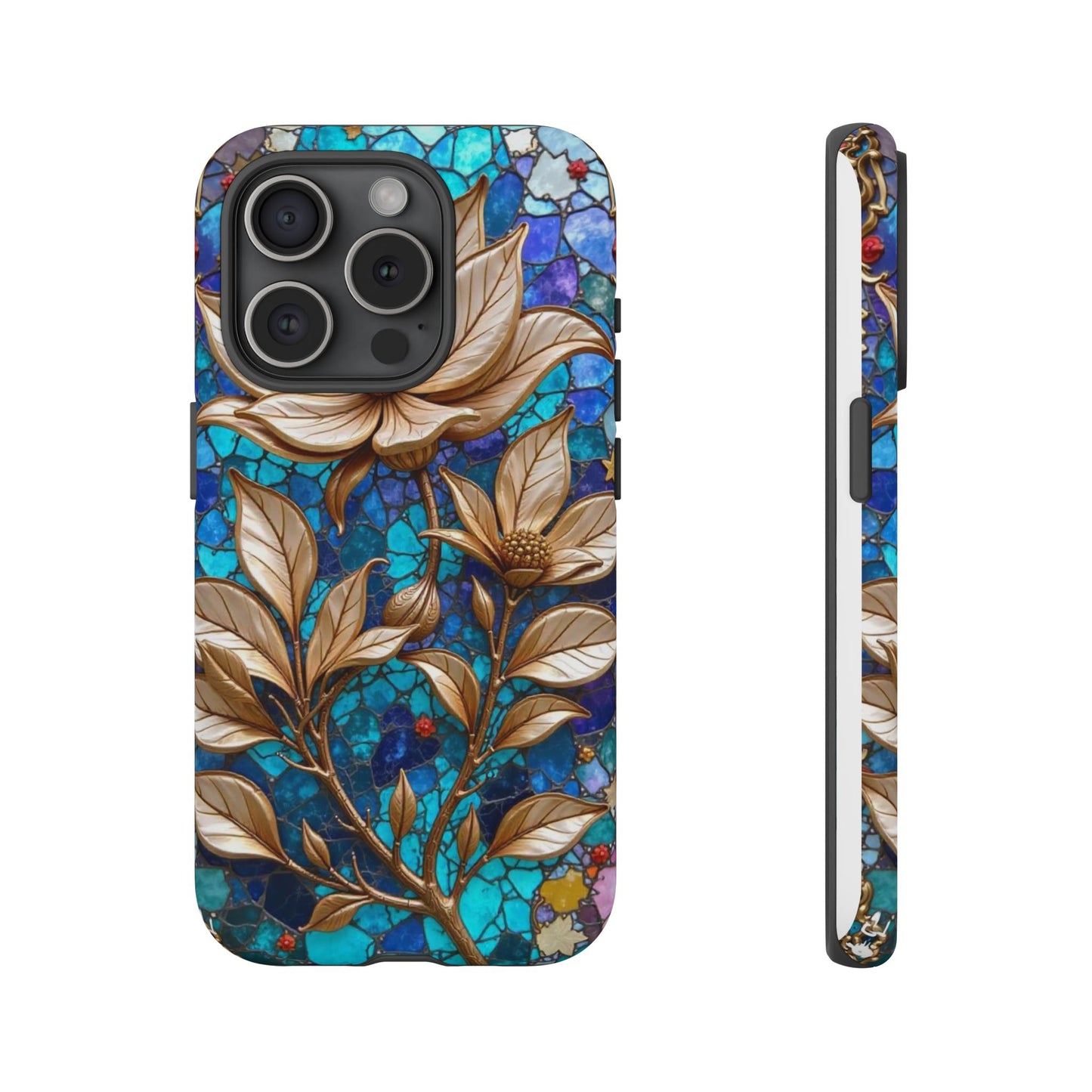 Golden Blossoms on Mosaic Blue Elegance