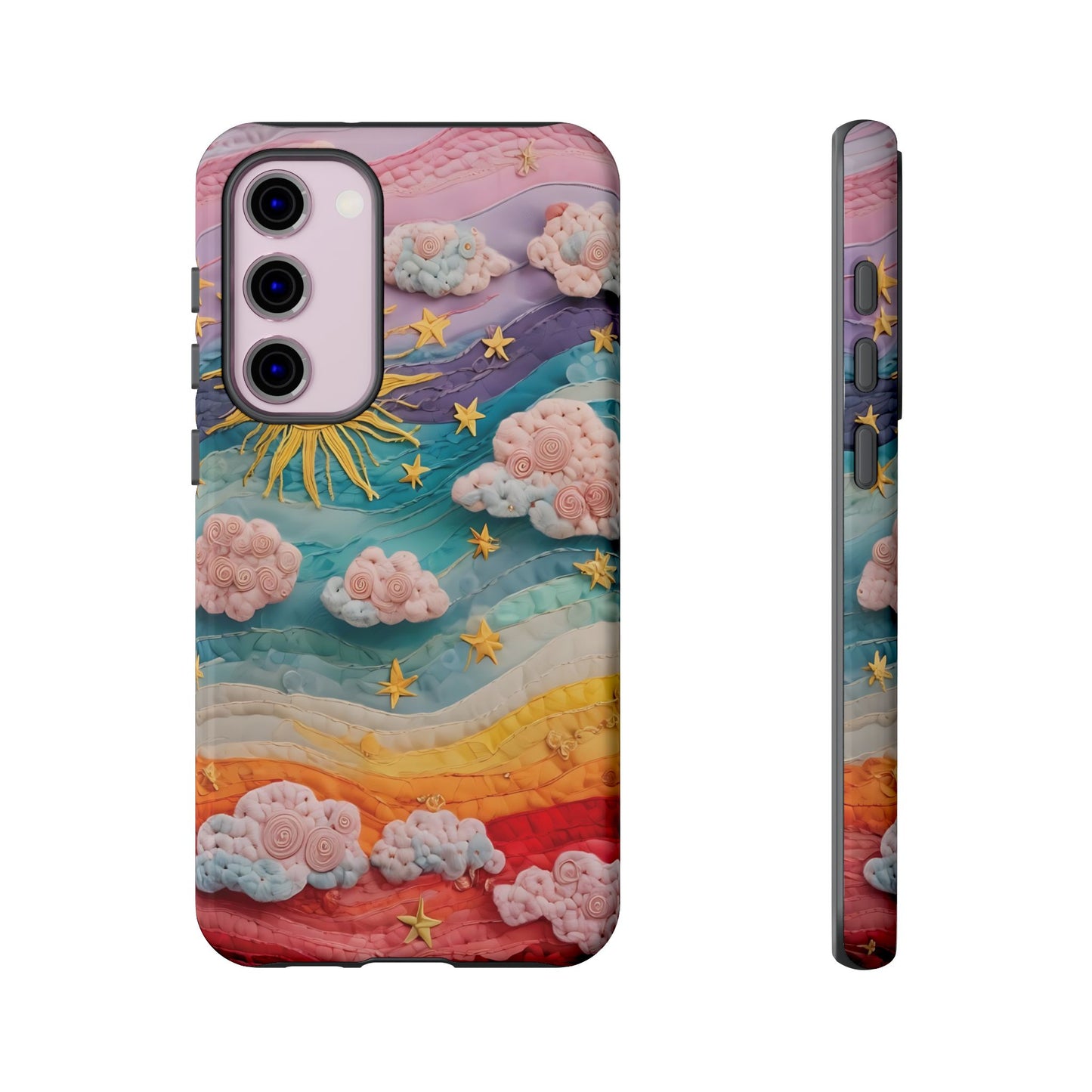 Whimsical Fiber Art Sky Scene With Dynamic Stripes And Clouds phone case design.