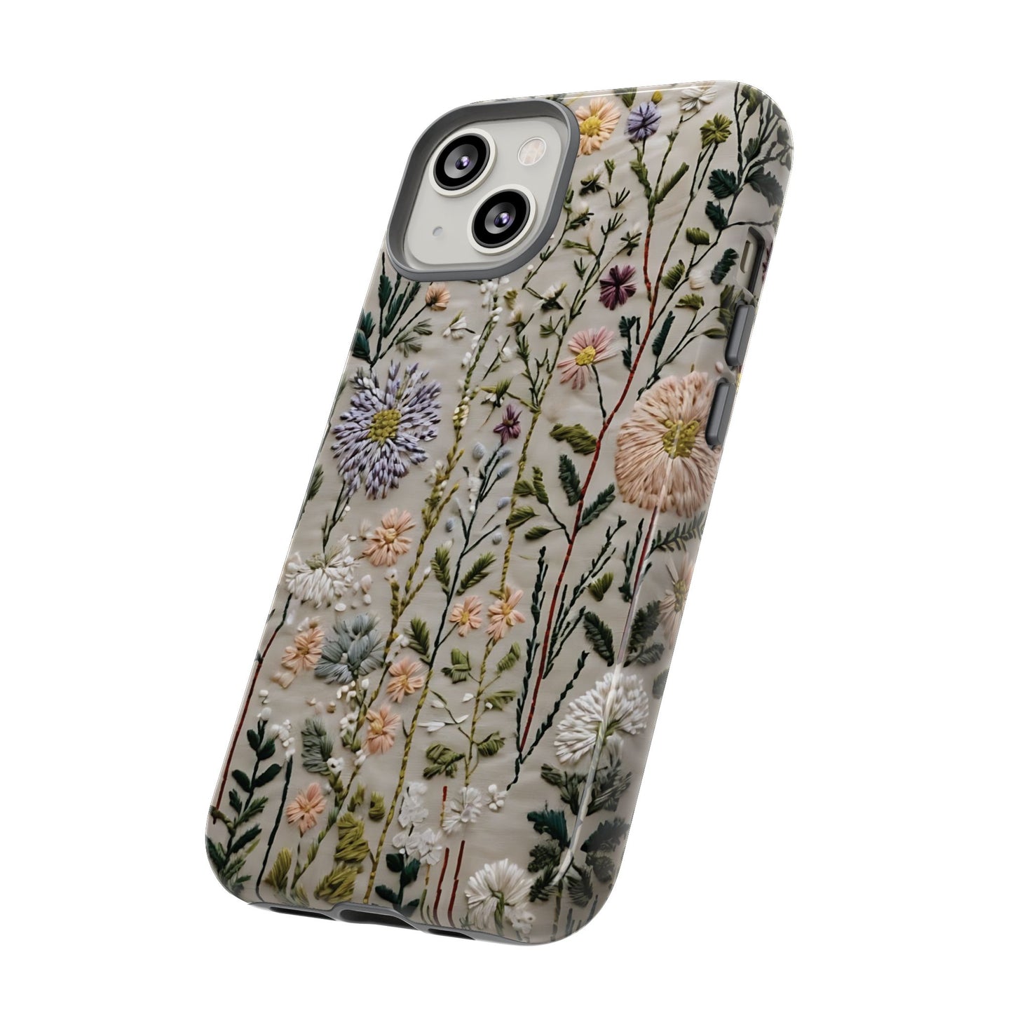 Intricate Embroidery Artwork Featuring Botanical Elements On Beige phone case design.