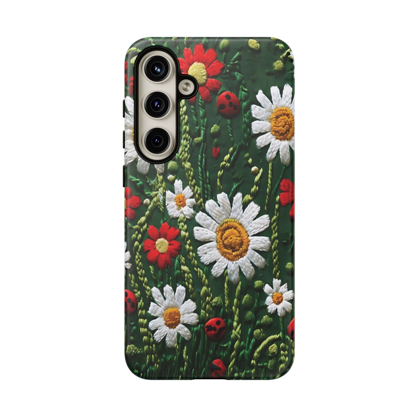 Intricate Embroidered Fabric Featuring Daisies And Ladybugs phone case design