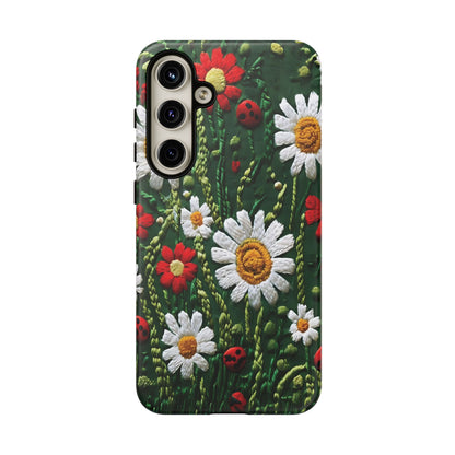 Intricate Embroidered Fabric Featuring Daisies And Ladybugs phone case design