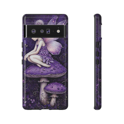 Whimsical Fairy Seated On Purple Mushroom In Enchanting Scene phone case design.
