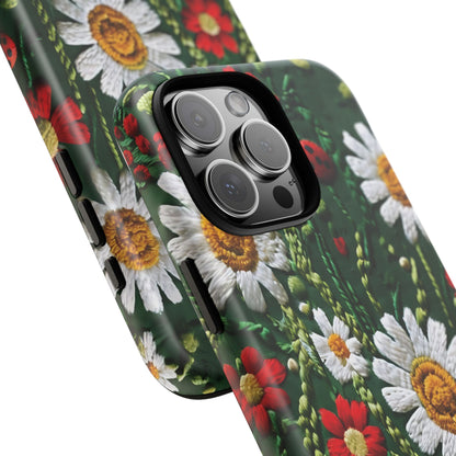 Intricate Embroidered Fabric Featuring Daisies And Ladybugs phone case design