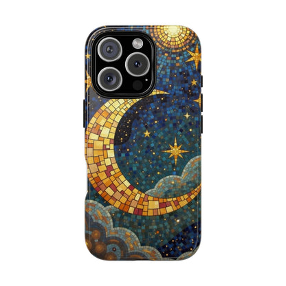 Golden Crescent: Mosaic Moon and Starry Night