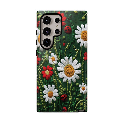 Intricate Embroidered Fabric Featuring Daisies And Ladybugs phone case design