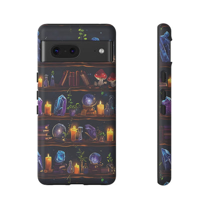 Fantasy Seamless Pattern Of Wooden Shelves Filled With Mystical Items phone case design.