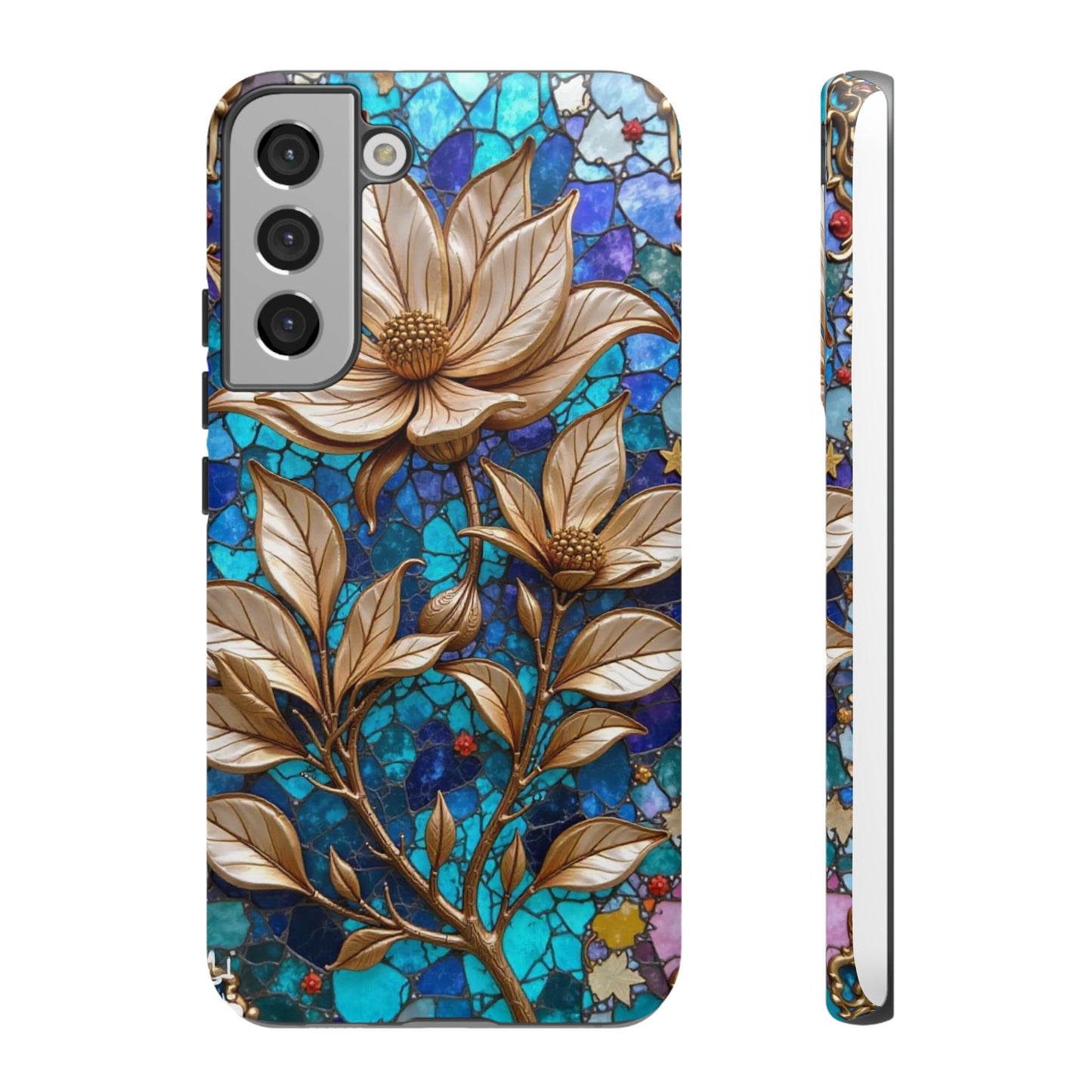 Golden Blossoms on Mosaic Blue Elegance