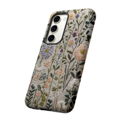 Intricate Embroidery Artwork Featuring Botanical Elements On Beige phone case design.