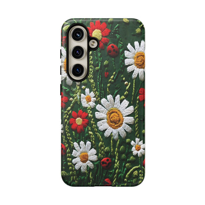 Intricate Embroidered Fabric Featuring Daisies And Ladybugs phone case design