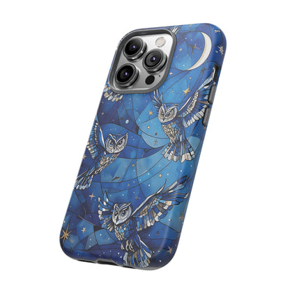 Surrealistic Owls Soaring Through A Celestial Night Sky phone case design.