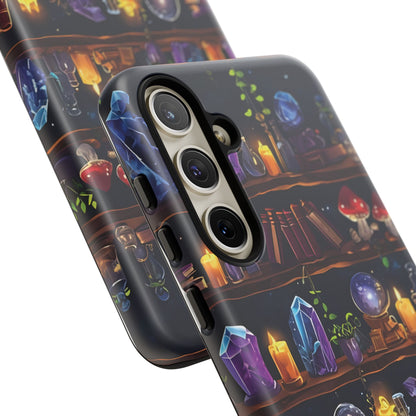 Fantasy Seamless Pattern Of Wooden Shelves Filled With Mystical Items phone case design.