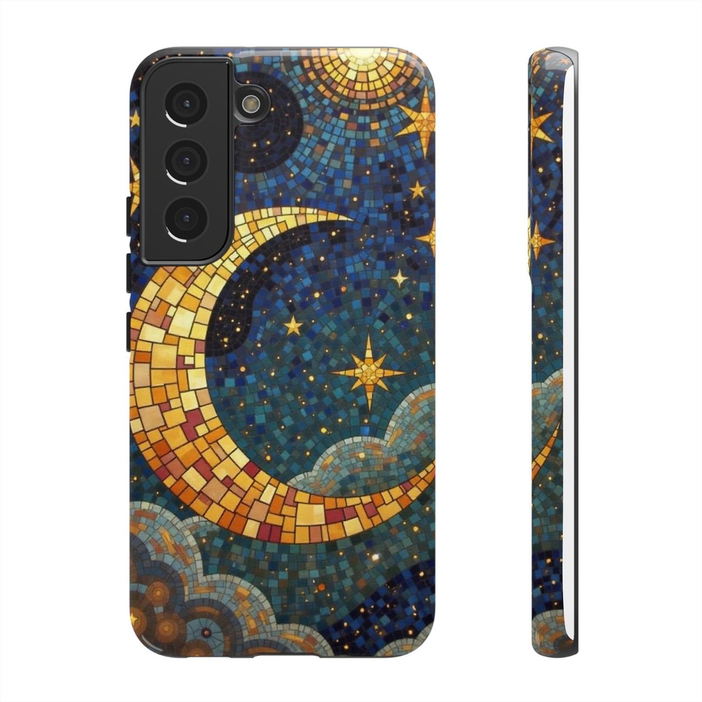 Golden Crescent: Mosaic Moon and Starry Night