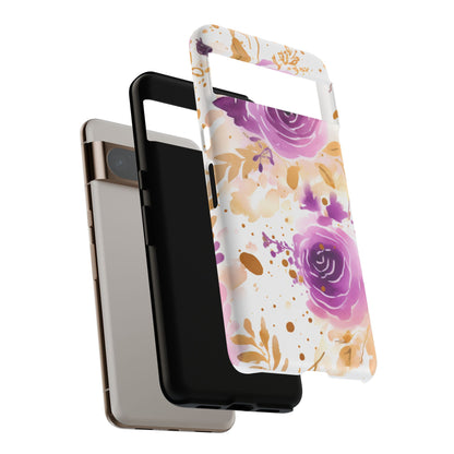 Purple Bloom Watercolor Mobile Case – Artistic Elegance in Gold & Lilac