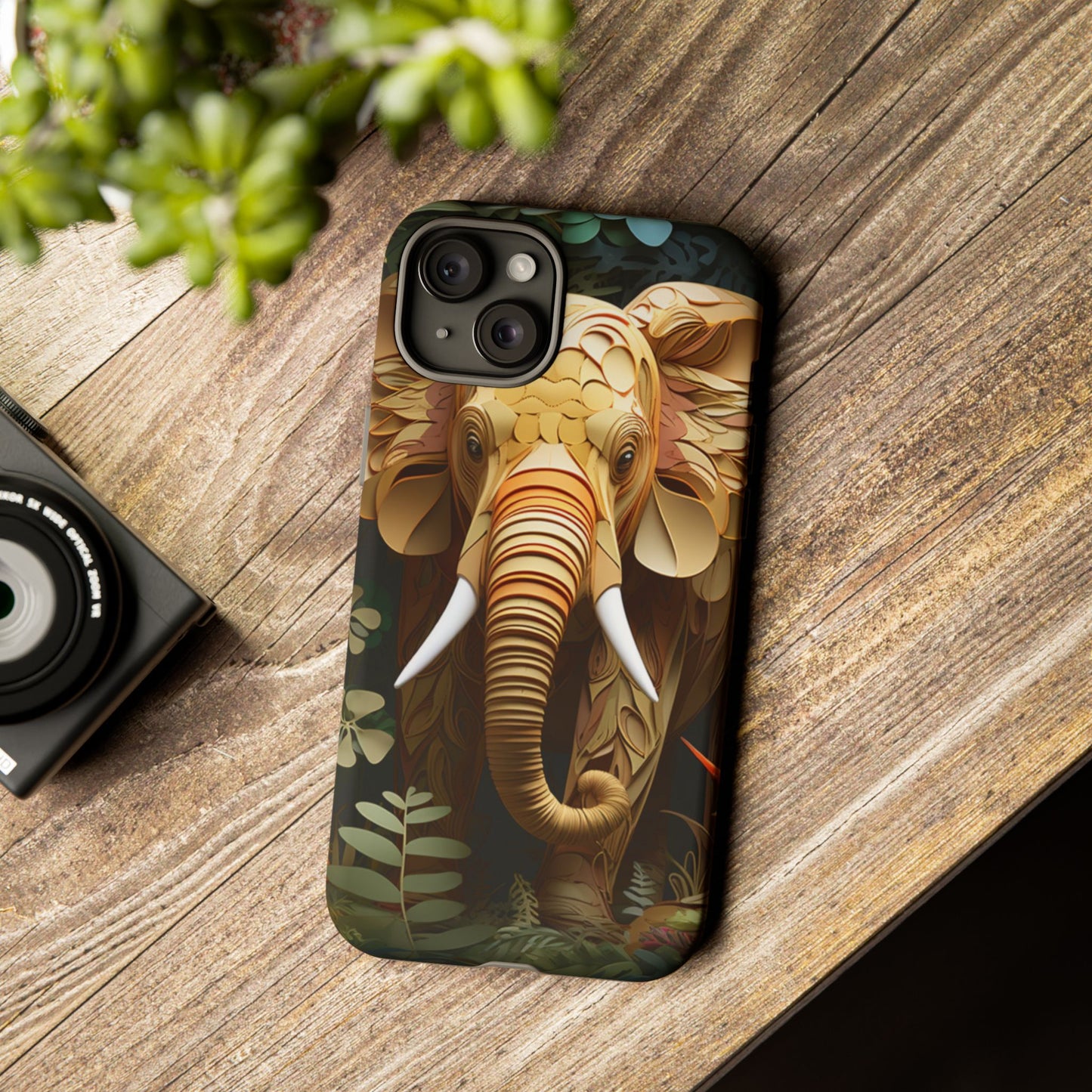 Golden Jungle Elephant Mobile Cover – Intricate Paper Art Design
