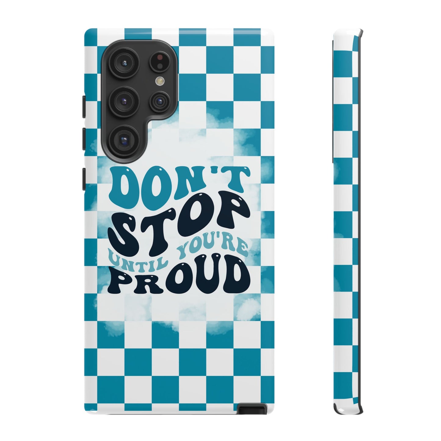 Don't Stop Until You're Proud Phone Case, Motivational Quote Cover for iPhone, Samsung & Google Pixel White Green Checkered Pattern Phone Cover, Wavy Text Case, Kindness Phone Case, Inspirational Gift