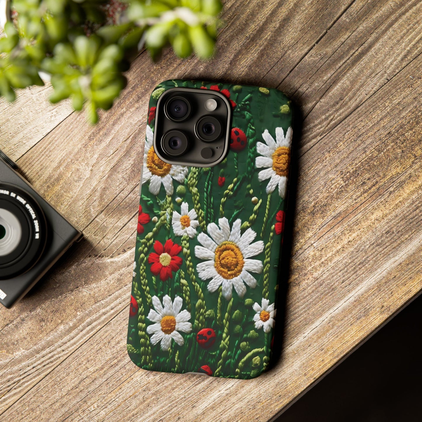 Intricate Embroidered Fabric Featuring Daisies And Ladybugs phone case design