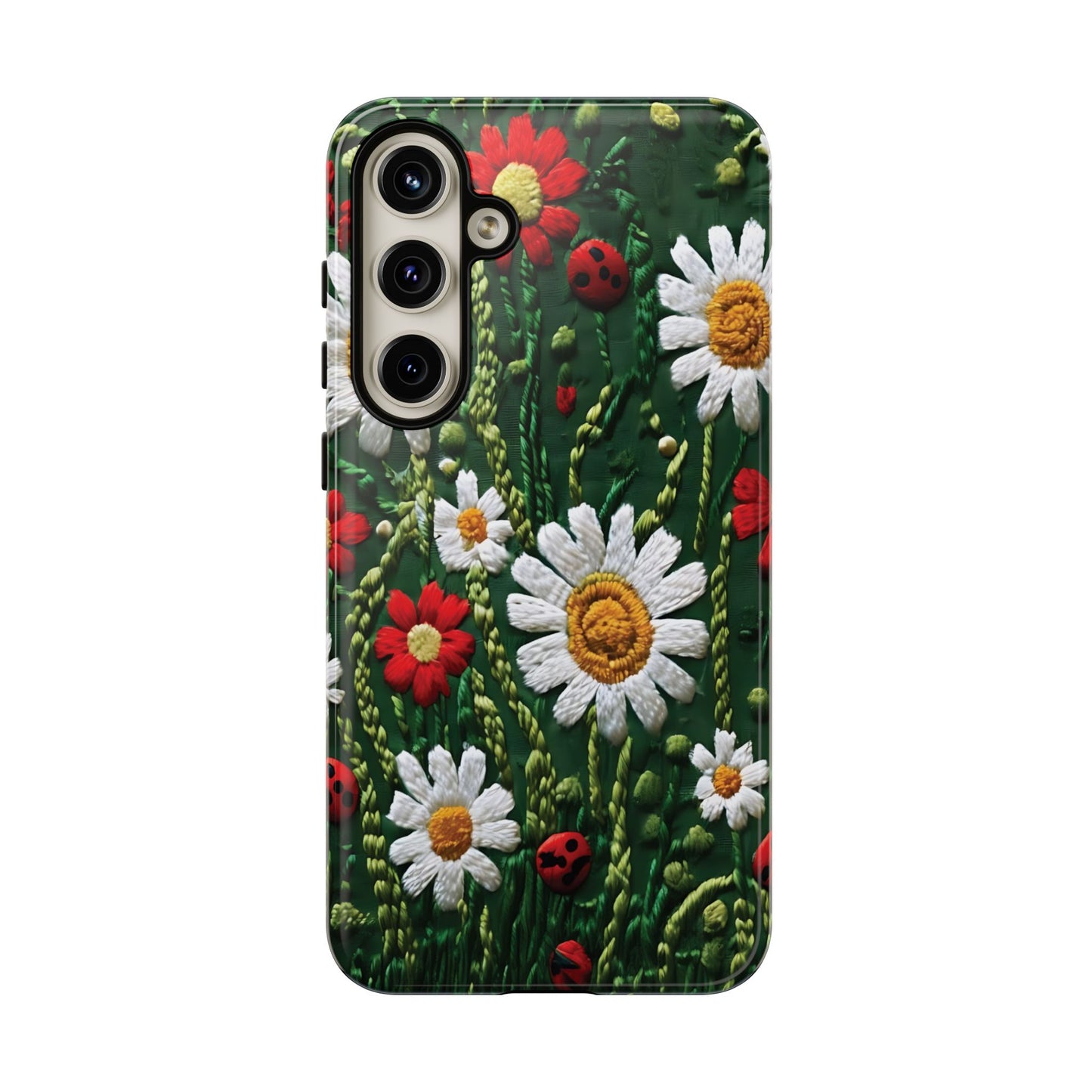 Intricate Embroidered Fabric Featuring Daisies And Ladybugs phone case design