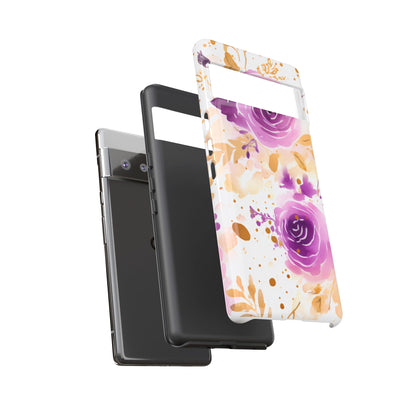 Purple Bloom Watercolor Mobile Case – Artistic Elegance in Gold & Lilac