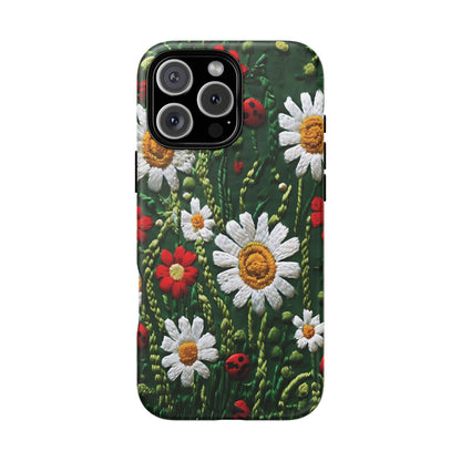 Intricate Embroidered Fabric Featuring Daisies And Ladybugs phone case design