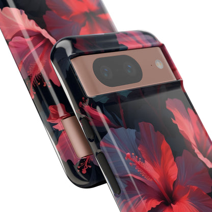 Vibrant red and pink hibiscus flowers blooming against a dark background| Floral phone case design