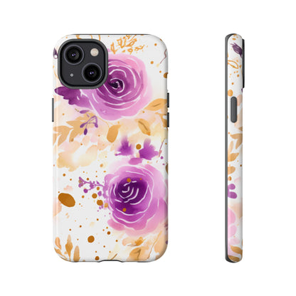 Purple Bloom Watercolor Mobile Case – Artistic Elegance in Gold & Lilac