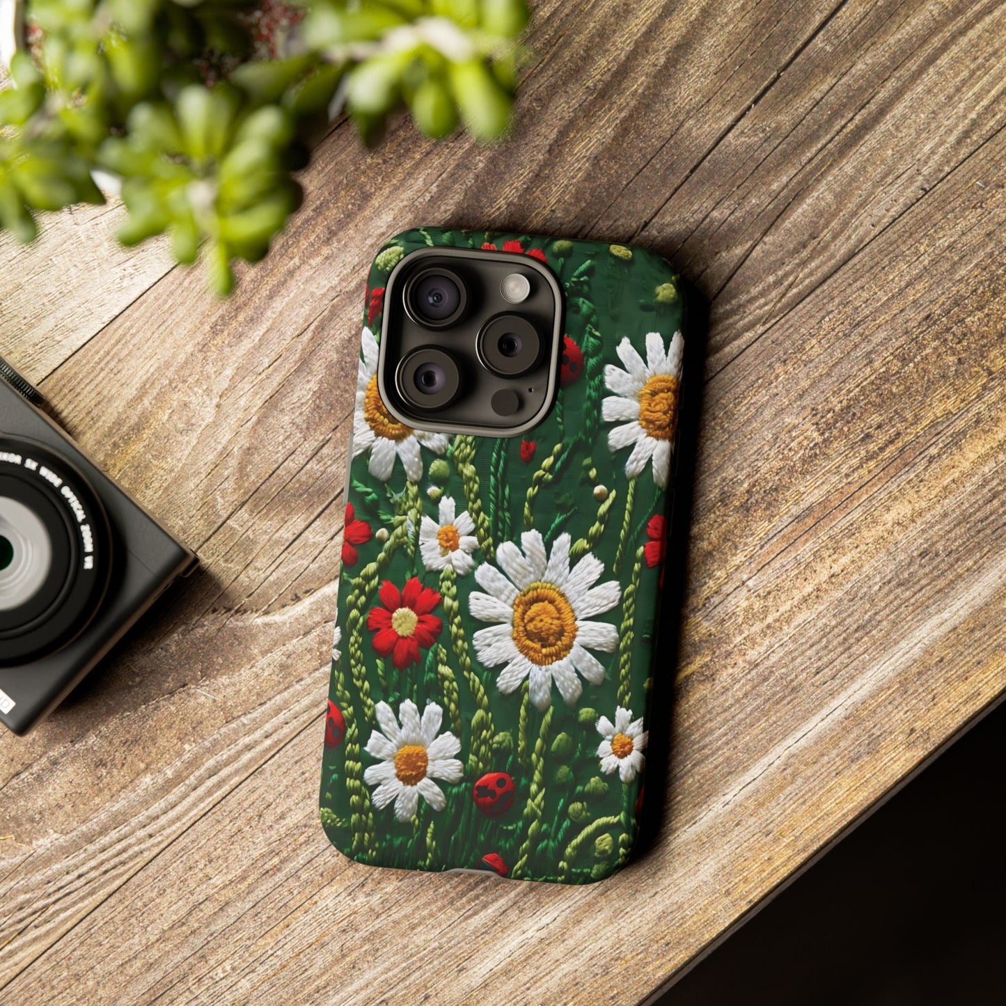 Intricate Embroidered Fabric Featuring Daisies And Ladybugs phone case design