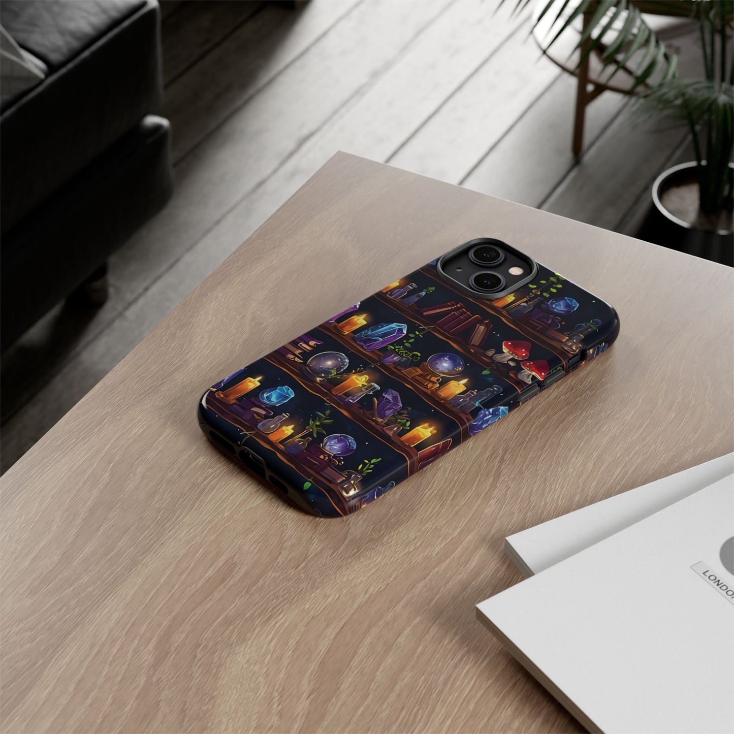 Fantasy Seamless Pattern Of Wooden Shelves Filled With Mystical Items phone case design.