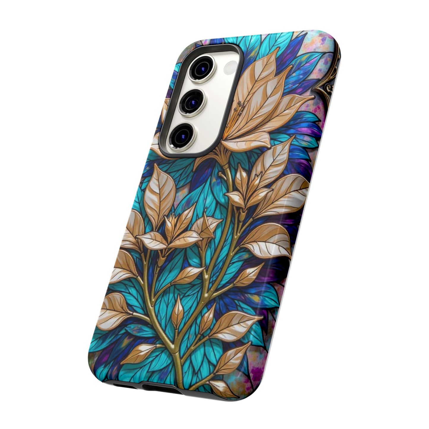 Majestic Golden Blossoms on Mosaic Blue Splendor
