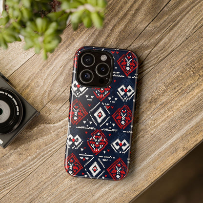 Knitted Pattern With Diamonds And Festive Motifs On Navy phone case design.