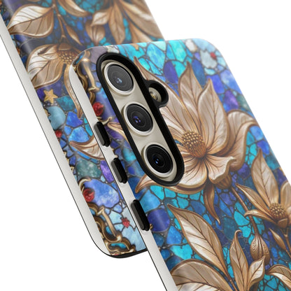 Golden Blossoms on Mosaic Blue Elegance