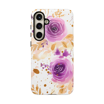 Purple Bloom Watercolor Mobile Case – Artistic Elegance in Gold & Lilac