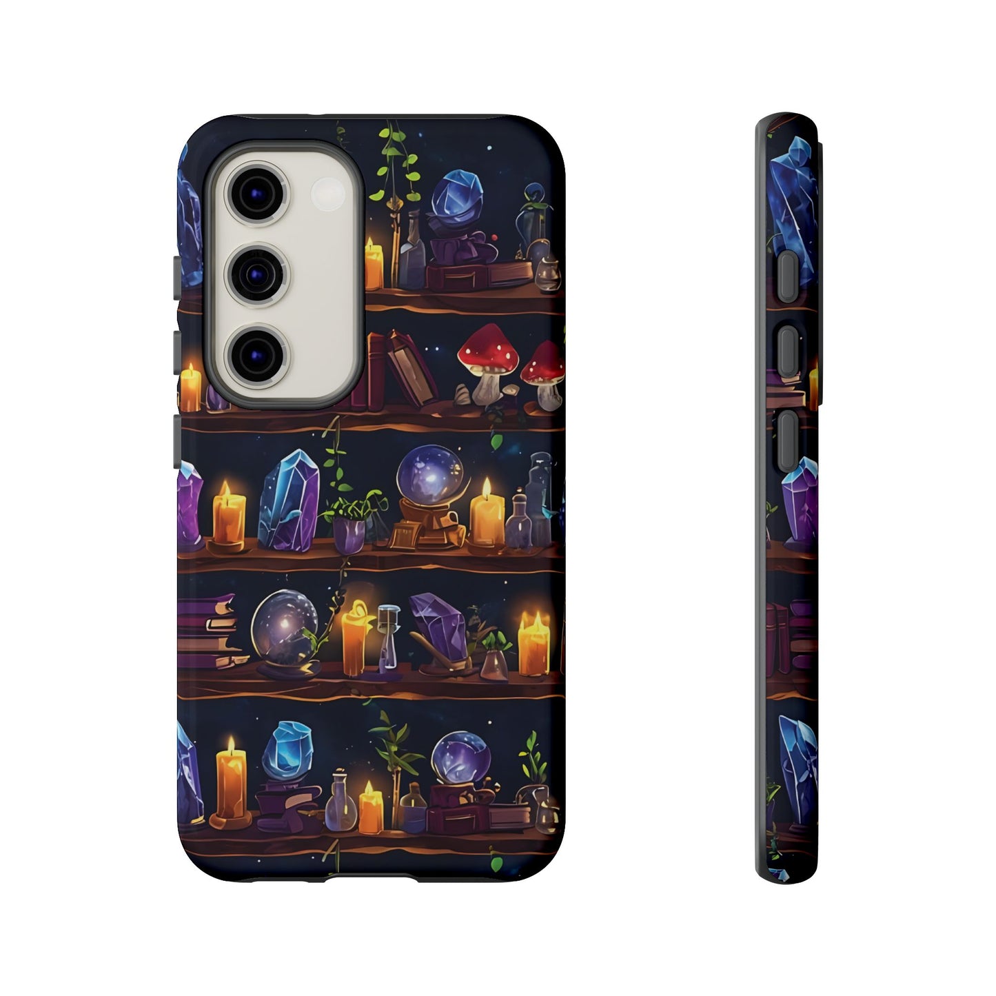 Fantasy Seamless Pattern Of Wooden Shelves Filled With Mystical Items phone case design.