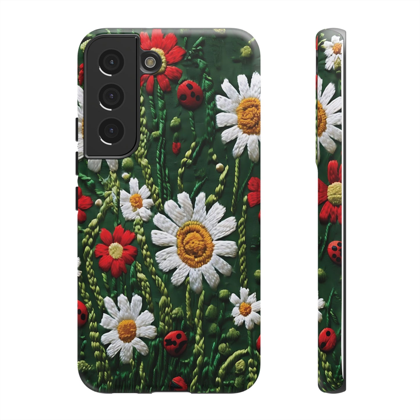 Intricate Embroidered Fabric Featuring Daisies And Ladybugs phone case design