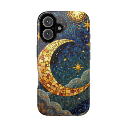 Golden Crescent: Mosaic Moon and Starry Night