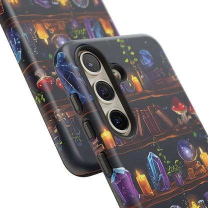 Fantasy Seamless Pattern Of Wooden Shelves Filled With Mystical Items phone case design.