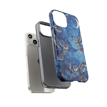 Surrealistic Owls Soaring Through A Celestial Night Sky phone case design.