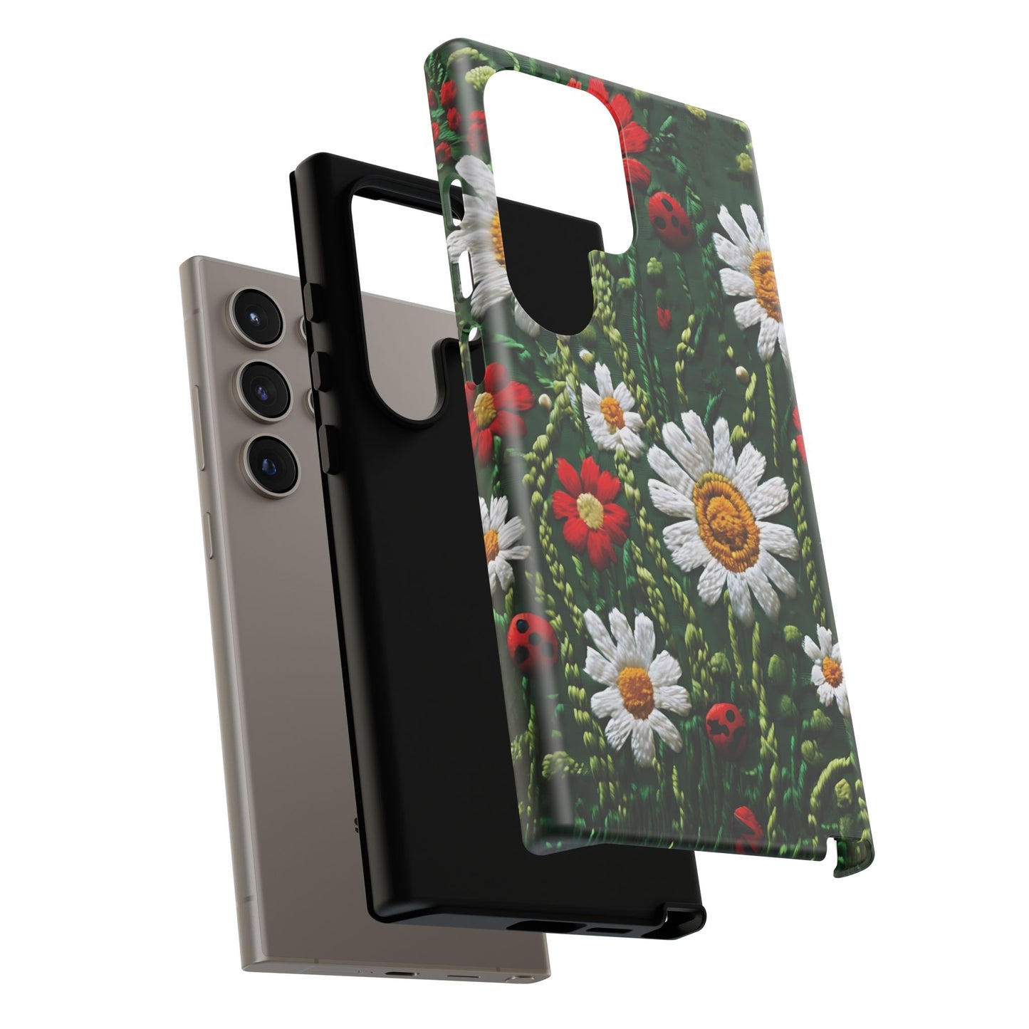 Intricate Embroidered Fabric Featuring Daisies And Ladybugs phone case design