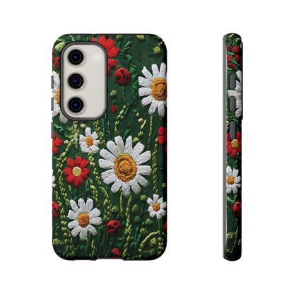 Intricate Embroidered Fabric Featuring Daisies And Ladybugs phone case design