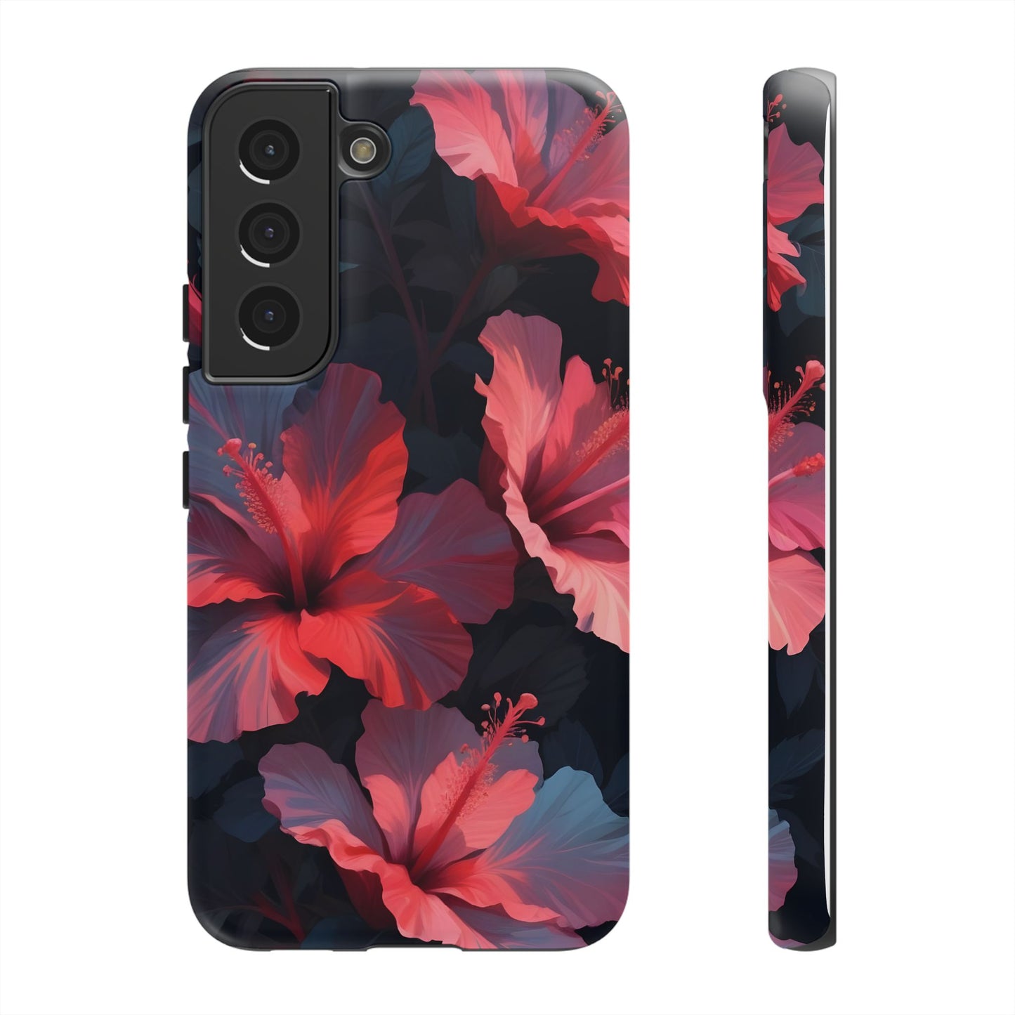 Vibrant red and pink hibiscus flowers blooming against a dark background| Floral phone case design
