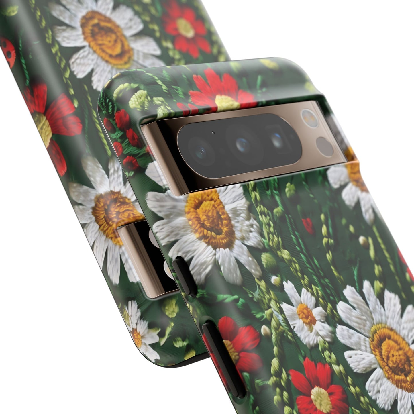 Intricate Embroidered Fabric Featuring Daisies And Ladybugs phone case design