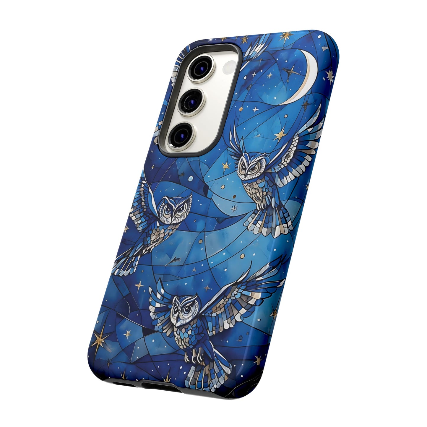 Surrealistic Owls Soaring Through A Celestial Night Sky phone case design.